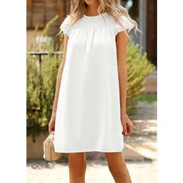 KIRUNDO Women Summer Shift Dress 2025 Casual Ruffle Cap Sleeve Smocked Crew Neck Loose Flowy Chiffon Mini Tunic Dresses(White, Small)