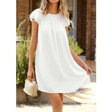 KIRUNDO Women Summer Shift Dress 2025 Casual Ruffle Cap Sleeve Smocked Crew Neck Loose Flowy Chiffon Mini Tunic Dresses(White, Small)