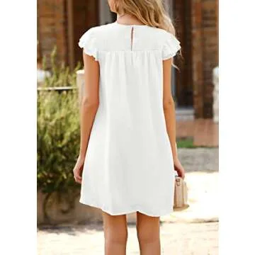 KIRUNDO Women Summer Shift Dress 2025 Casual Ruffle Cap Sleeve Smocked Crew Neck Loose Flowy Chiffon Mini Tunic Dresses(White, Small)