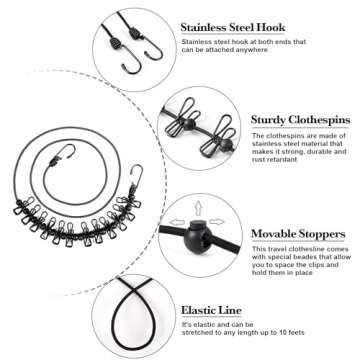 HAWATOUR Travel Clothesline, Portable Retractable Clothesline with 12pcs Clothespins for Indoor Laun...