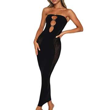 Muineobuka Women Sexy Cut Out Maxi Dress Spaghetti Strap Sleeveless Backless Bodycon Dress Summer Party Cocktail Long Dress B-Black