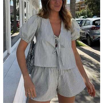 Yuemengxuan Women Y2k Peplum Shirt Shorts Set Two Piece Lounge Set Pajamas Sets Puff Sleeve Tie Fron...
