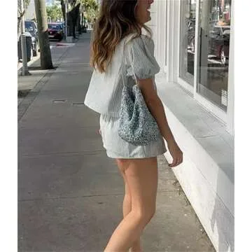 Yuemengxuan Women Y2k Peplum Shirt Shorts Set Two Piece Lounge Set Pajamas Sets Puff Sleeve Tie Front Top 2pcs Outfits Set (Stripe #rhyu, M)