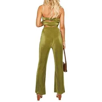 NUFIWI Womens Sexy 2 Piece Pants Set Strapless Off Shoulder Tube Tops Pleated Wide Leg Pants Y2k Suits Summer Outfits (B Green Tube, S)