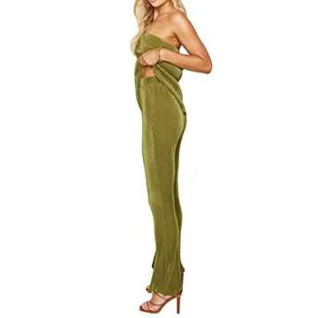 NUFIWI Womens Sexy 2 Piece Pants Set Strapless Off Shoulder Tube Tops Pleated Wide Leg Pants Y2k Suits Summer Outfits (B Green Tube, S)