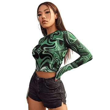 SweatyRocks Women's Long Sleeve Mock Neck Graphic Print Sexy Sheer Mesh Crop Top Green Black M