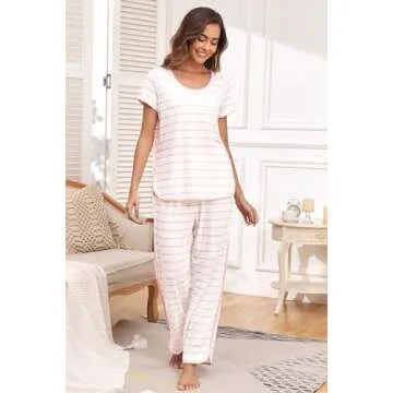 FKEEP Stripe Pajamas Set Women Two-Piece Nightwear Short Sleeve Sleepwear Soft Side Split Loungewear...