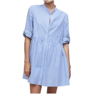 YEXPINE Women's Cotton Striped Tunic Shirt Mini Dress Button Front Short Sleeve Dress Swing Babydoll...