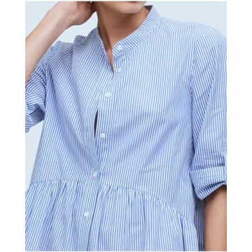 YEXPINE Women's Cotton Striped Tunic Shirt Mini Dress Button Front Short Sleeve Dress Swing Babydoll Casual Dress Blue