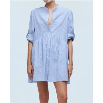 YEXPINE Women's Cotton Striped Tunic Shirt Mini Dress Button Front Short Sleeve Dress Swing Babydoll Casual Dress Blue