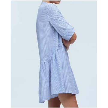 YEXPINE Women's Cotton Striped Tunic Shirt Mini Dress Button Front Short Sleeve Dress Swing Babydoll Casual Dress Blue