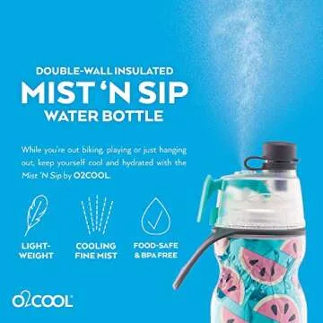 O2COOL Mist 'N Sip Misting Water Bottle 2-in-1 Mist And Sip Function With No Leak Pull Top Spout Reusable Sports Water Bottle - 20 oz (Watermelon)
