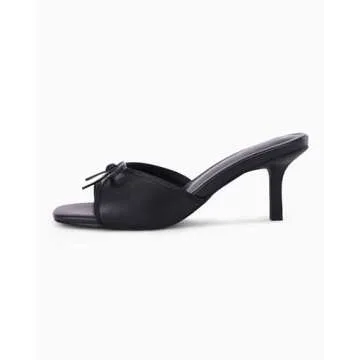 Coutgo Womens Kitten Heels Bow Mules Low Stiletto Heel Slides Sandals Open Toe Backless Comfortable Dress Shoes, Black, Size 9