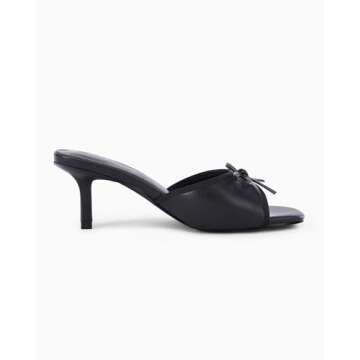 Coutgo Womens Kitten Heels Bow Mules Low Stiletto Heel Slides Sandals Open Toe Backless Comfortable Dress Shoes, Black, Size 9