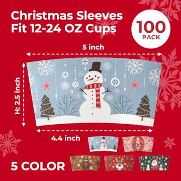[100 Pack] Christmas Paper Coffee Cup Sleeves, Disposable Corrugated Cardboard Paper Jacket fit 12oz...
