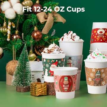[100 Pack] Christmas Paper Coffee Cup Sleeves, Disposable Corrugated Cardboard Paper Jacket fit 12oz, 16oz, 20oz, 24oz Disposable Coffee Cups, Hand Protection for Hot and Cold Drinks