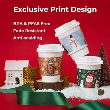 [100 Pack] Christmas Paper Coffee Cup Sleeves, Disposable Corrugated Cardboard Paper Jacket fit 12oz, 16oz, 20oz, 24oz Disposable Coffee Cups, Hand Protection for Hot and Cold Drinks