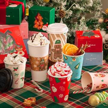 [100 Pack] Christmas Paper Coffee Cup Sleeves, Disposable Corrugated Cardboard Paper Jacket fit 12oz, 16oz, 20oz, 24oz Disposable Coffee Cups, Hand Protection for Hot and Cold Drinks