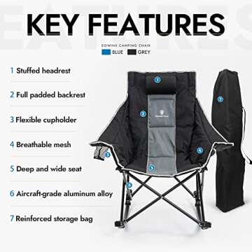 Dowinx Oversized Rocking Camping Chair, Fully Padded Patio Chair with Side Pocket and Carry Bag, High Back Portable Lawn Recliner with Headrest, Support 300 lbs, Grey