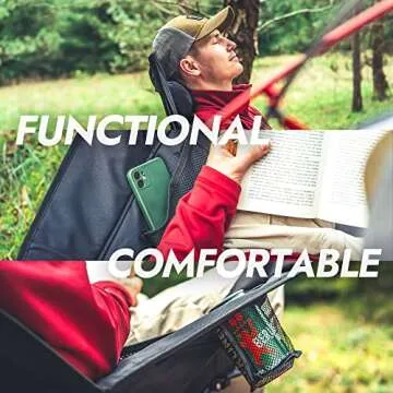 Dowinx Oversized Rocking Camping Chair, Fully Padded Patio Chair with Side Pocket and Carry Bag, High Back Portable Lawn Recliner with Headrest, Support 300 lbs, Grey