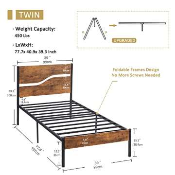 VECELO Platform Bed Frame Twin Size with Rustic Vintage Wood Headboard, Strong Metal Slats Support, ...