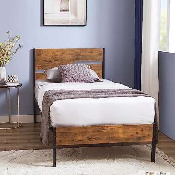 VECELO Platform Bed Frame Twin Size with Rustic Vintage Wood Headboard, Strong Metal Slats Support, No Box Spring Needed