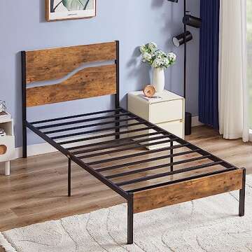 VECELO Platform Bed Frame Twin Size with Rustic Vintage Wood Headboard, Strong Metal Slats Support, No Box Spring Needed