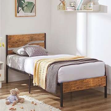 VECELO Platform Bed Frame Twin Size with Rustic Vintage Wood Headboard, Strong Metal Slats Support, No Box Spring Needed