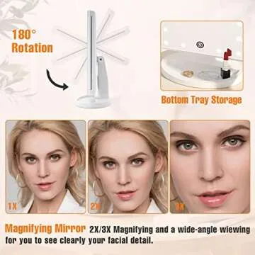 FASCINATE Trifold Vanity Mirror with Lights, Lighted Makeup Mirror 2X/3X Magnification, 21 LED Touch Dimming, Dual Power 180° Rotation Lit Beauty Table Mirror, Make up Mirror with Lighting