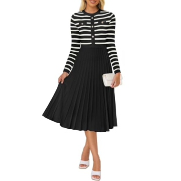 ZESICA Long Sleeve Midi Dress - Striped Knit Sweater Dress for Women