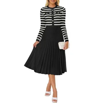ZESICA Long Sleeve Midi Dress - Striped Knit Sweater Dress for Women