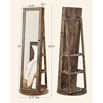 SONGMICS 360° Swivel Jewelry Cabinet, Lockable Jewelry Organizer with Full-Length Mirror, Rear Storage Shelves, Interior Mirror, Jewelry Armoire, Gift Idea, Rustic Brown UJJC006X01