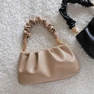 Cloud Pouch Bag Women Shoulder Handbag Soft Vegan Leather Vintage Hobo Chain Cross body Bag (Nude)