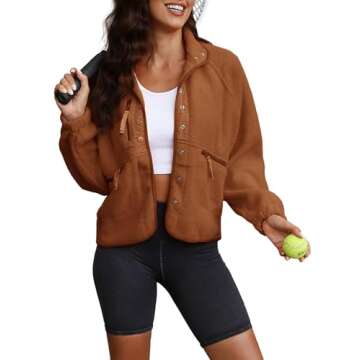 ReachMe Womens Sherpa Jacket Casual Lapel Button Down Cropped Fuzzy Fleece Jackets Long Sleeve Winter Coats with Pockets(3 Brown,L)