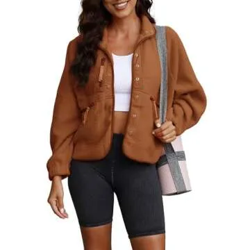 ReachMe Womens Sherpa Jacket Casual Lapel Button Down Cropped Fuzzy Fleece Jackets Long Sleeve Winter Coats with Pockets(3 Brown,L)