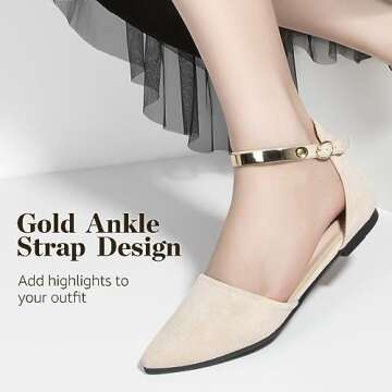 Zelaprox Women's Black Pointed Toe Flats with Gold Ankle Strap - Comfortable Slip On Suede Shoes
