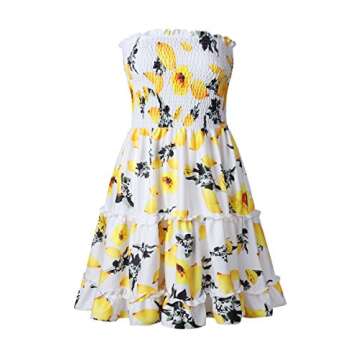 Angashion Women's Floral Strapless Pleated Flowy Skater Mini Tube Dress Lemon
