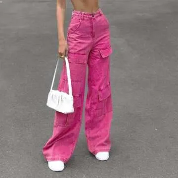 Women's High Waist Baggy Jeans Flap Pocket Relaxed Fit Elastic Waist Straight Wide Leg Y2K Fashion Cargo Jeans Pink