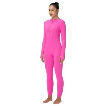 Sunzel Long Sleeve Jumpsuits for Women, Ribbed One Piece Casual Yoga Workout Zip Front Bodysuits, Legging Fit & Thumbhole 28" Hot Pink Small