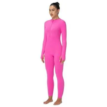 Sunzel Long Sleeve Jumpsuits for Women, Ribbed One Piece Casual Yoga Workout Zip Front Bodysuits, Legging Fit & Thumbhole 28" Hot Pink Small