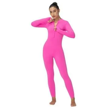 Sunzel Long Sleeve Jumpsuits for Women, Ribbed One Piece Casual Yoga Workout Zip Front Bodysuits, Legging Fit & Thumbhole 28" Hot Pink Small