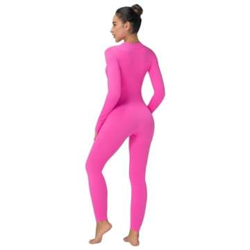 Sunzel Long Sleeve Jumpsuits for Women, Ribbed One Piece Casual Yoga Workout Zip Front Bodysuits, Legging Fit & Thumbhole 28" Hot Pink Small