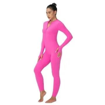 Sunzel Long Sleeve Jumpsuits for Women, Ribbed One Piece Casual Yoga Workout Zip Front Bodysuits, Legging Fit & Thumbhole 28" Hot Pink Small