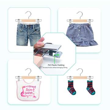 Nature Smile 20 Pack 10.2 Inches Unfinished/Natural Kids Baby Toddler Infant Children Solid Wooden Pants Skirts Hangers Wood Trousers Bottom Hangers with 2-Adjustable Clips 360° Stronger Swivel Hook