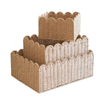 HyRam Scalloped Edge Basket, Wicker Storage Baskets, Hand Woven Baskets for Shelves, Natural Baskets...