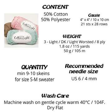 Cotton Blend Yarn for Knitting and Crocheting, 3 or Light Worsted, DK Weight, Drops Cotton Light, 1.8 oz 115 Yards per Ball (18 Pink)