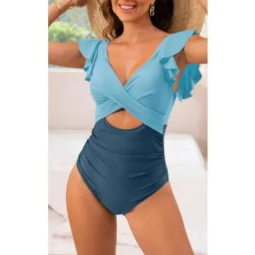 B2prity Women's One Piece Swimsuit Ruffle Cutout Bathing Suits Slimming Tummy Control V Neck Wrap Swimwear