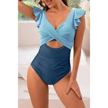 B2prity Women's One Piece Swimsuit Ruffle Cutout Bathing Suits Slimming Tummy Control V Neck Wrap Swimwear