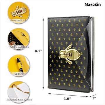 Bee Shaped Combination Lock Journal, PU Leather Hard Cover Notebook Cute Diary, A5 Lined Password Locking Personal Planner Secret Organizer Gift for Girls Women Daughter