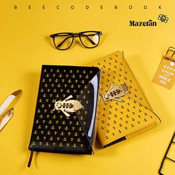 Bee Shaped Combination Lock Journal, PU Leather Hard Cover Notebook Cute Diary, A5 Lined Password Locking Personal Planner Secret Organizer Gift for Girls Women Daughter
